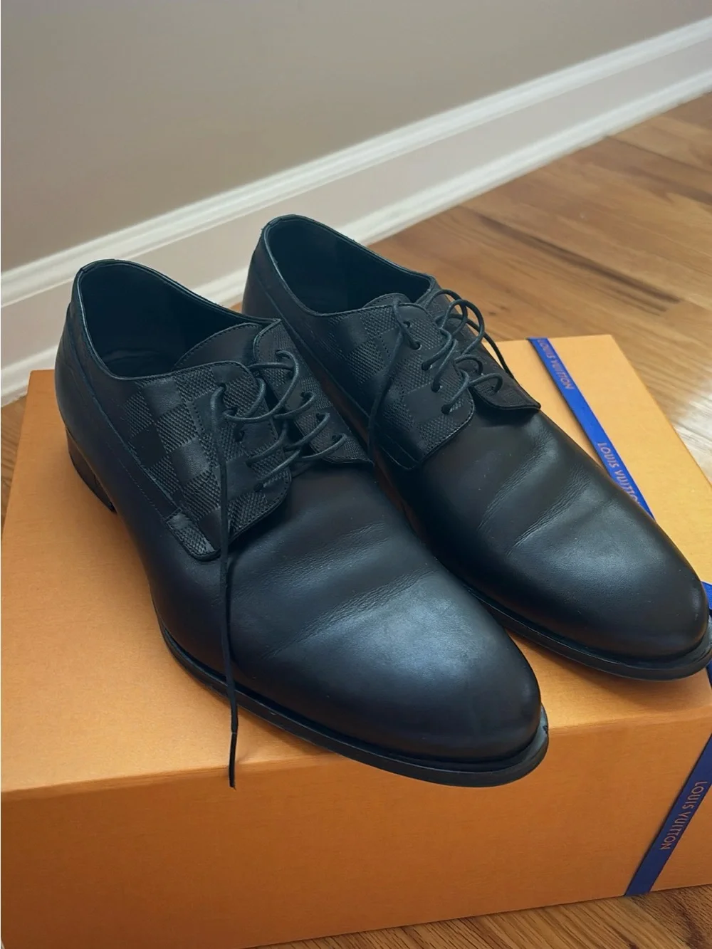 Louis Vuitton Black Derby Dress Shoes with Monogram Check Panels